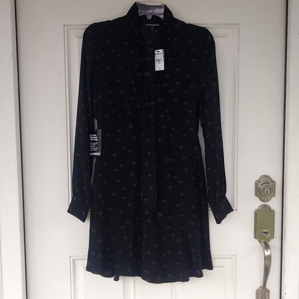 Express Micro Floral Print Tie Neck Long Sleeve Fit and Flare Dress